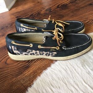 Sperry Black Leather Boat Shoes with Leopard Print Accent